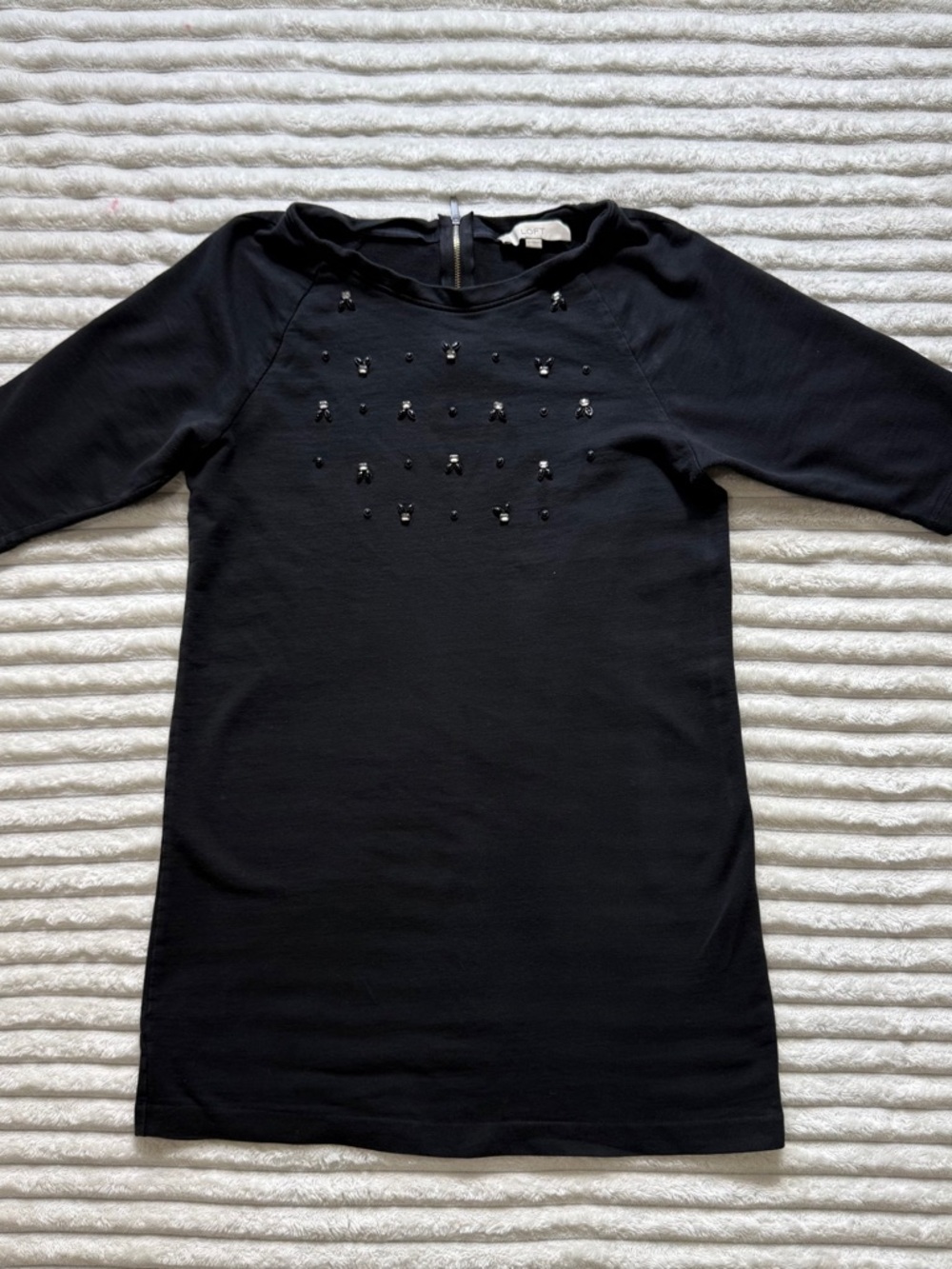 LOFT Black Knit Shift Dress Beaded Accent Zip Crew Neck Half Sleeve Size M